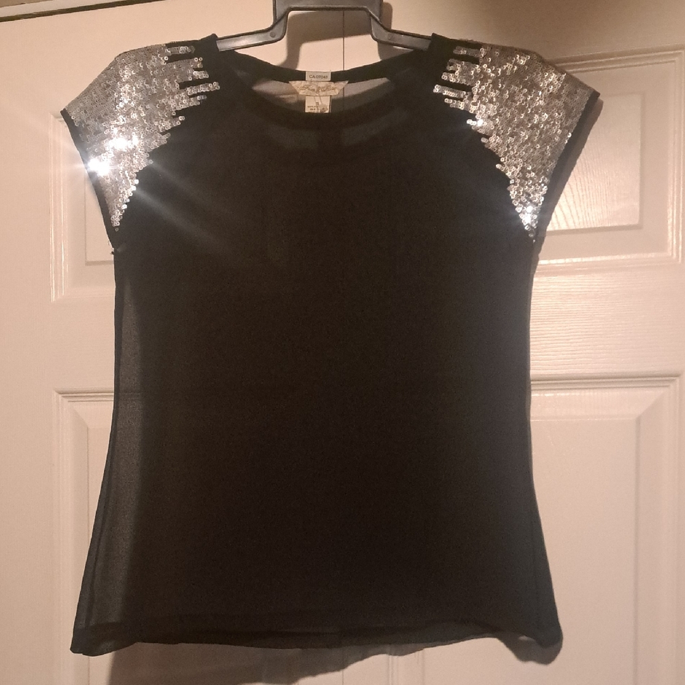 🐈⬛Fun & Flirt-Black Sequin Sheer Short Sleeve woman's blouse Sleek & Shiney